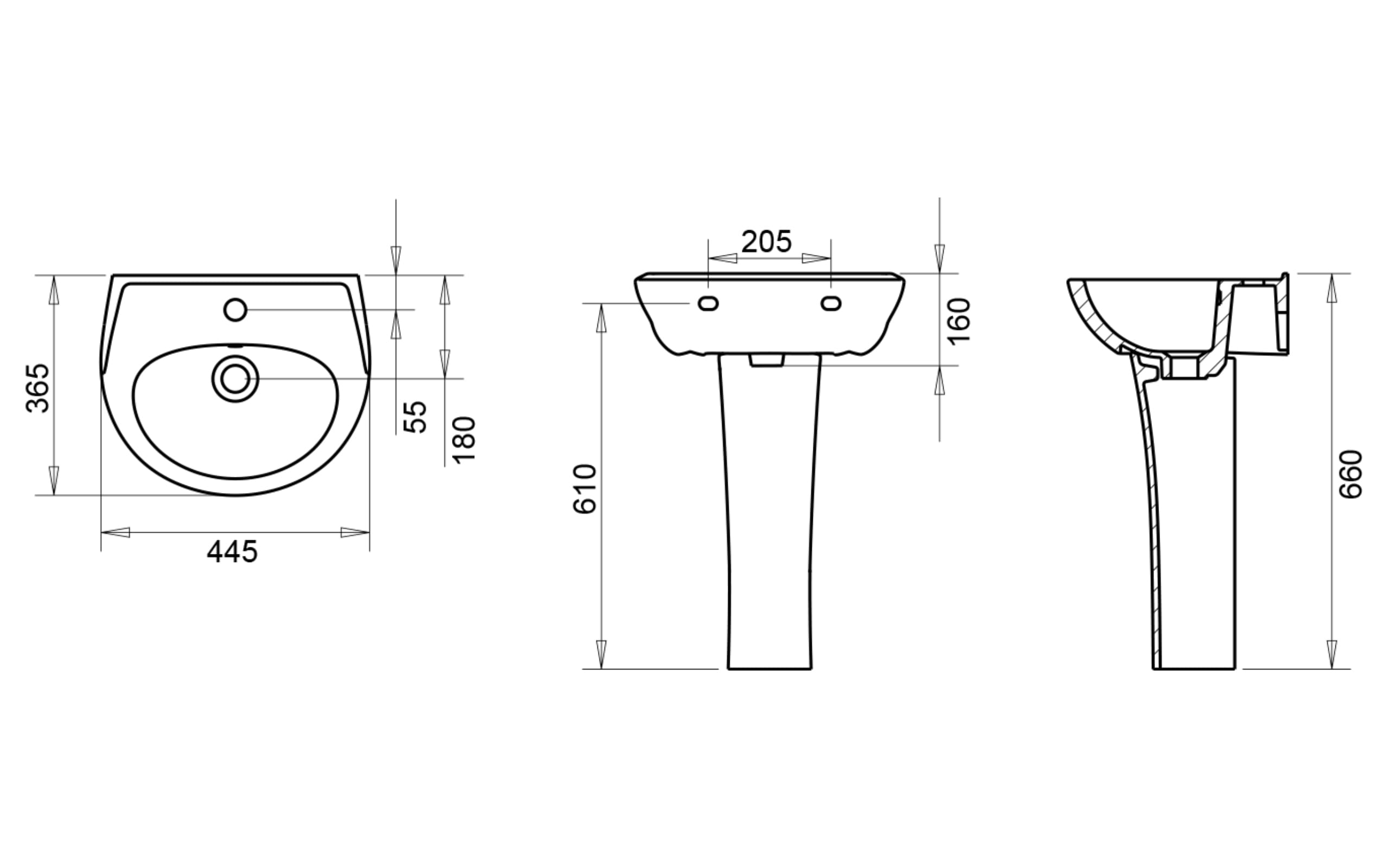 Çocuk Kısa Kolon Ayak Lavabo - Teknik Çizim