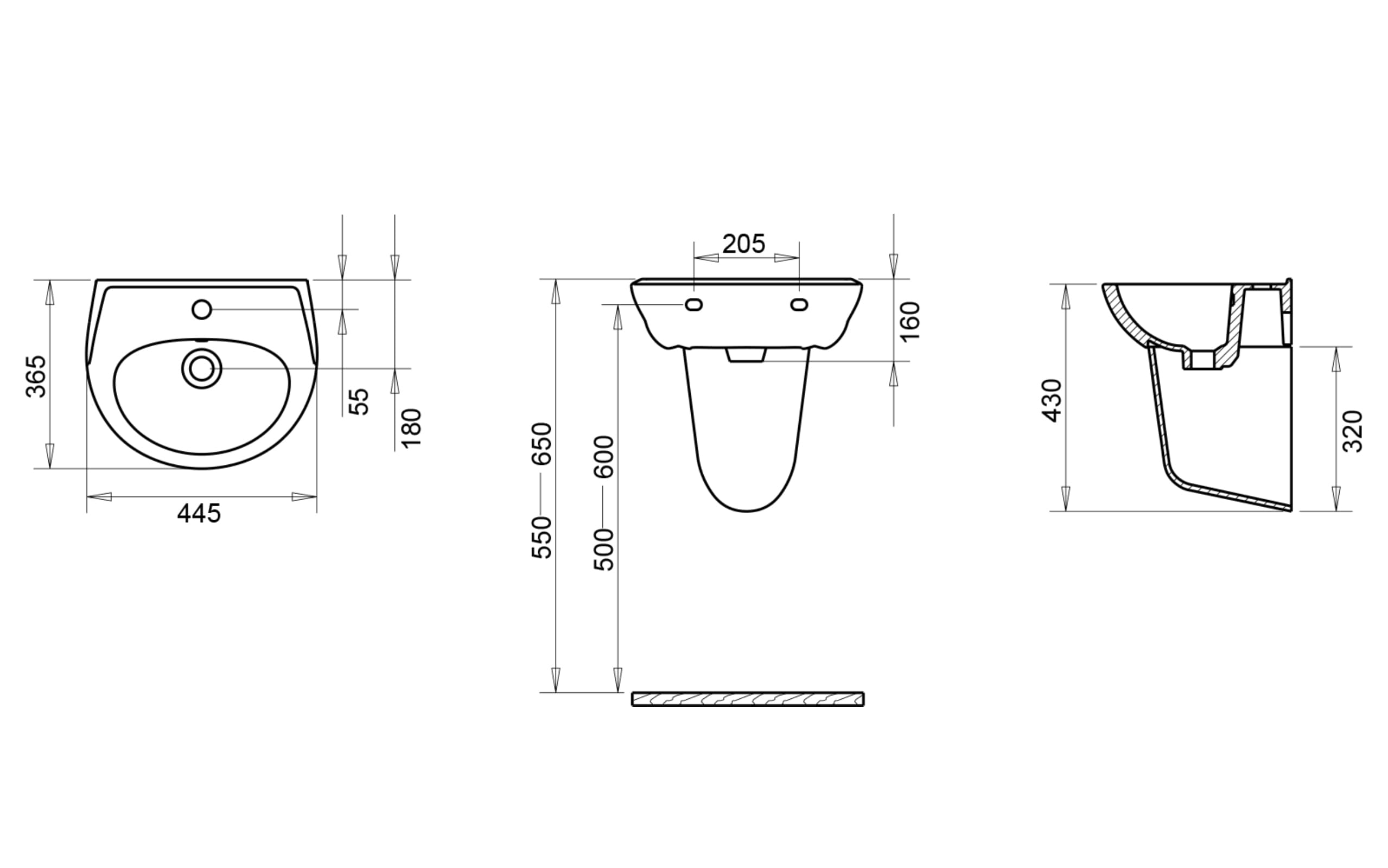 Çocuk Yarım Ayak Lavabo - Teknik Çizim