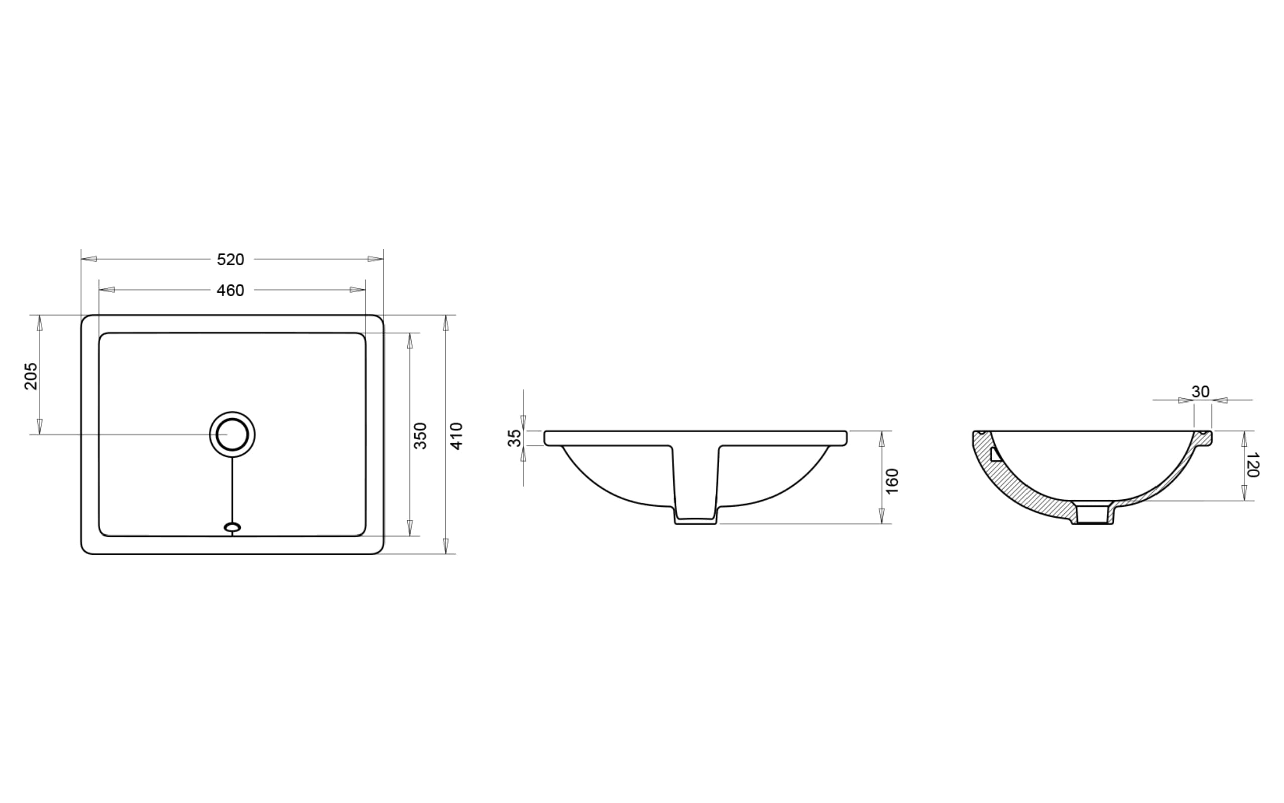 Hilton Kare Tezgah Altı Lavabo 41x52 cm - Teknik Çizim