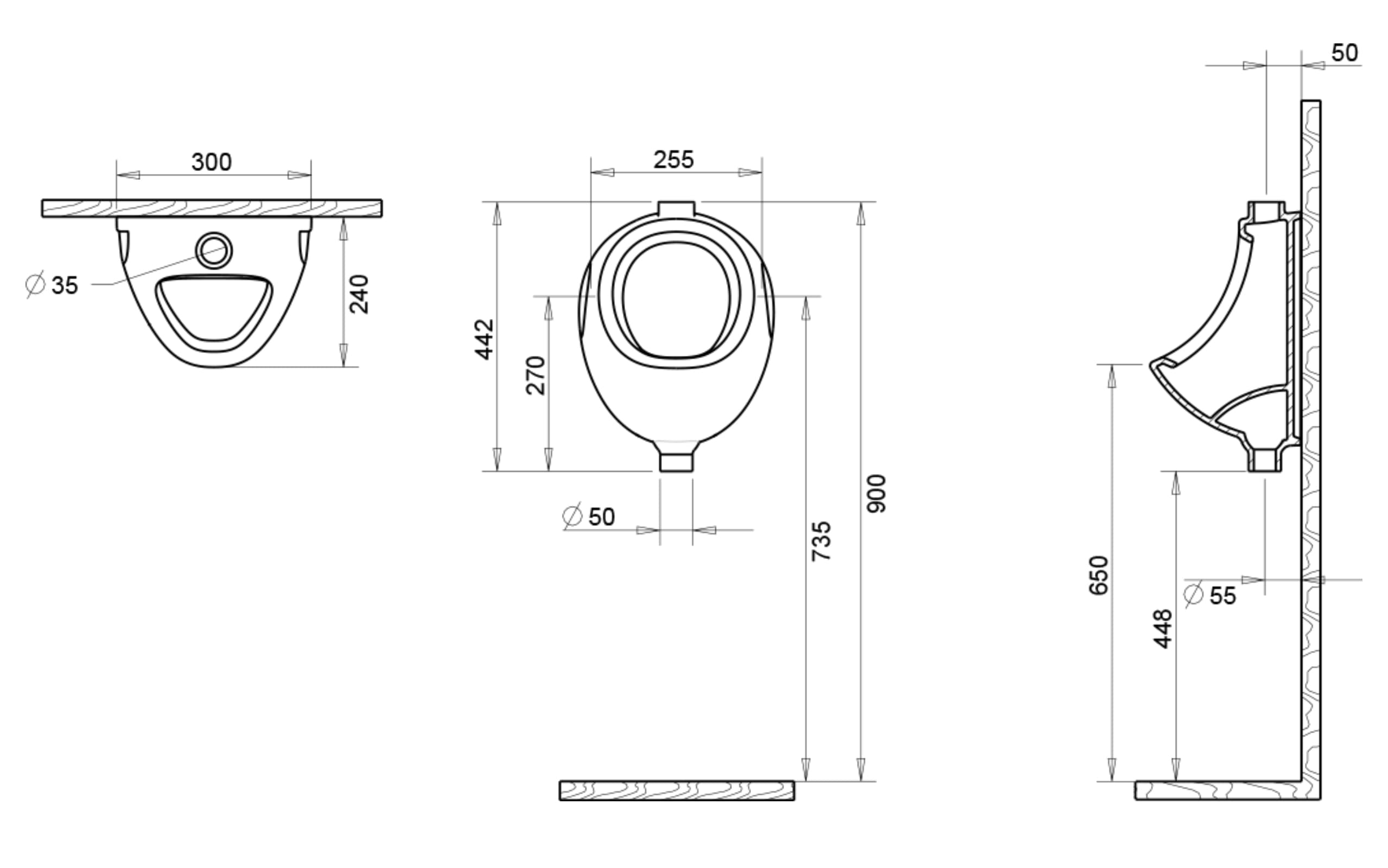 Classic Urinal - Clean Water on the Top - Technical Drawing