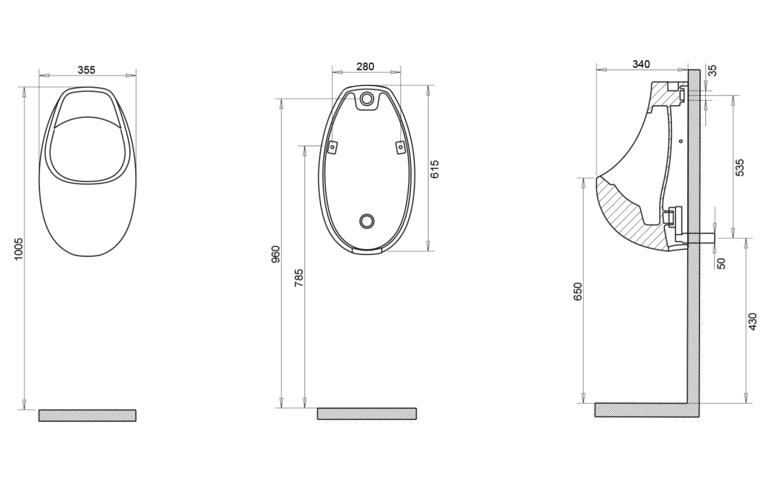 Onda Urinal - Clean Water on the Back - Technical Drawing