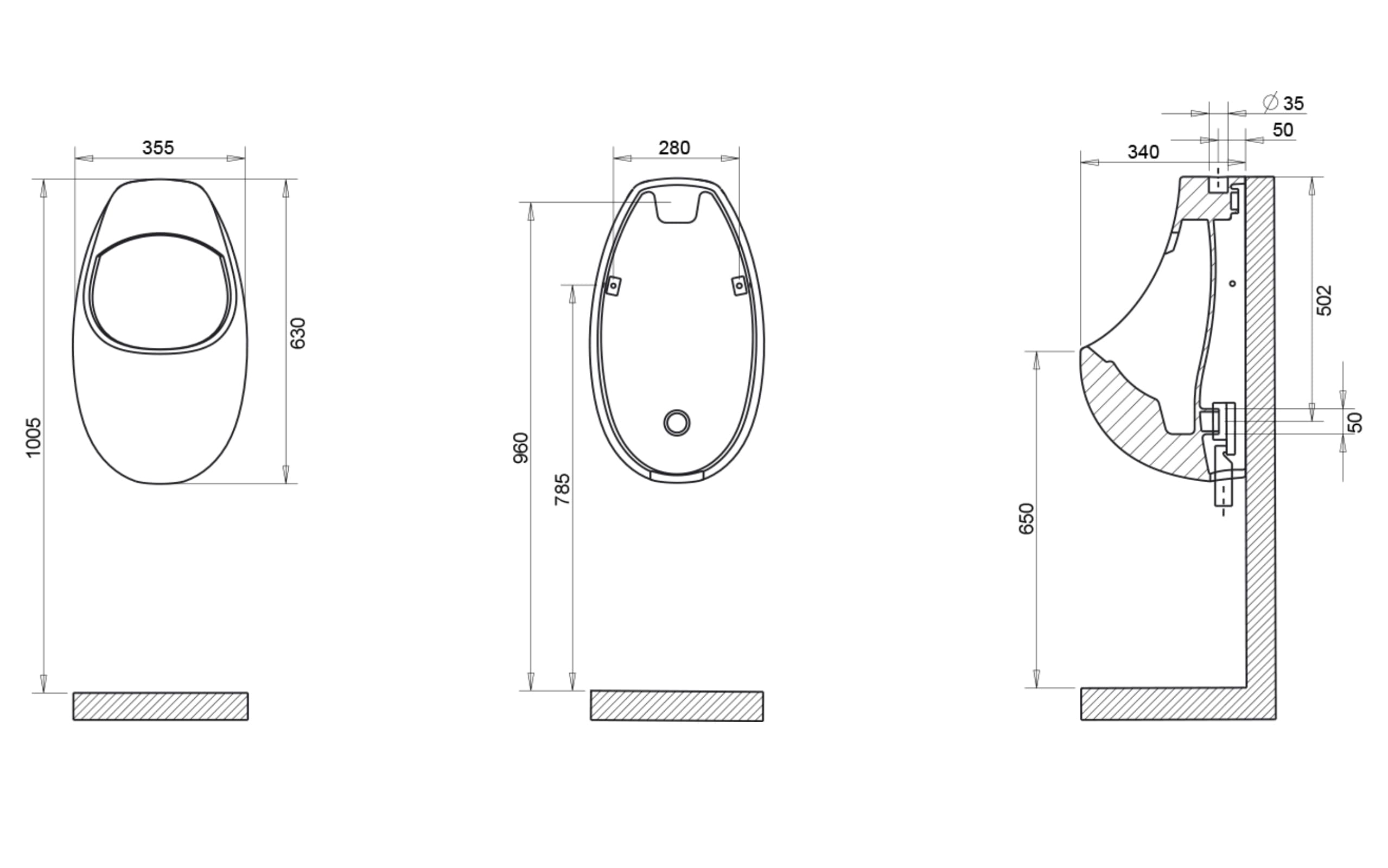 Onda Urinal - Clean Water on the Top - Technical Drawing