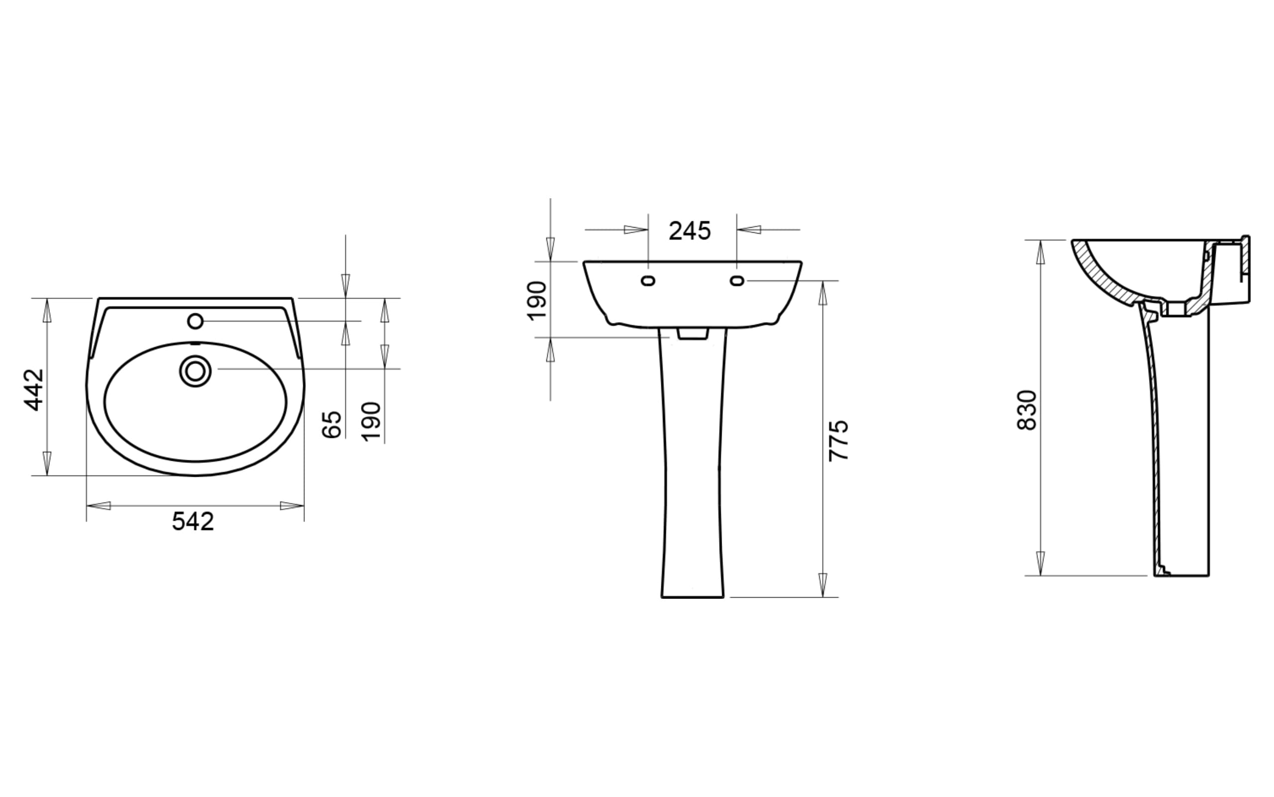 Polo Kolon Ayak Lavabo 55 cm - Teknik Çizim