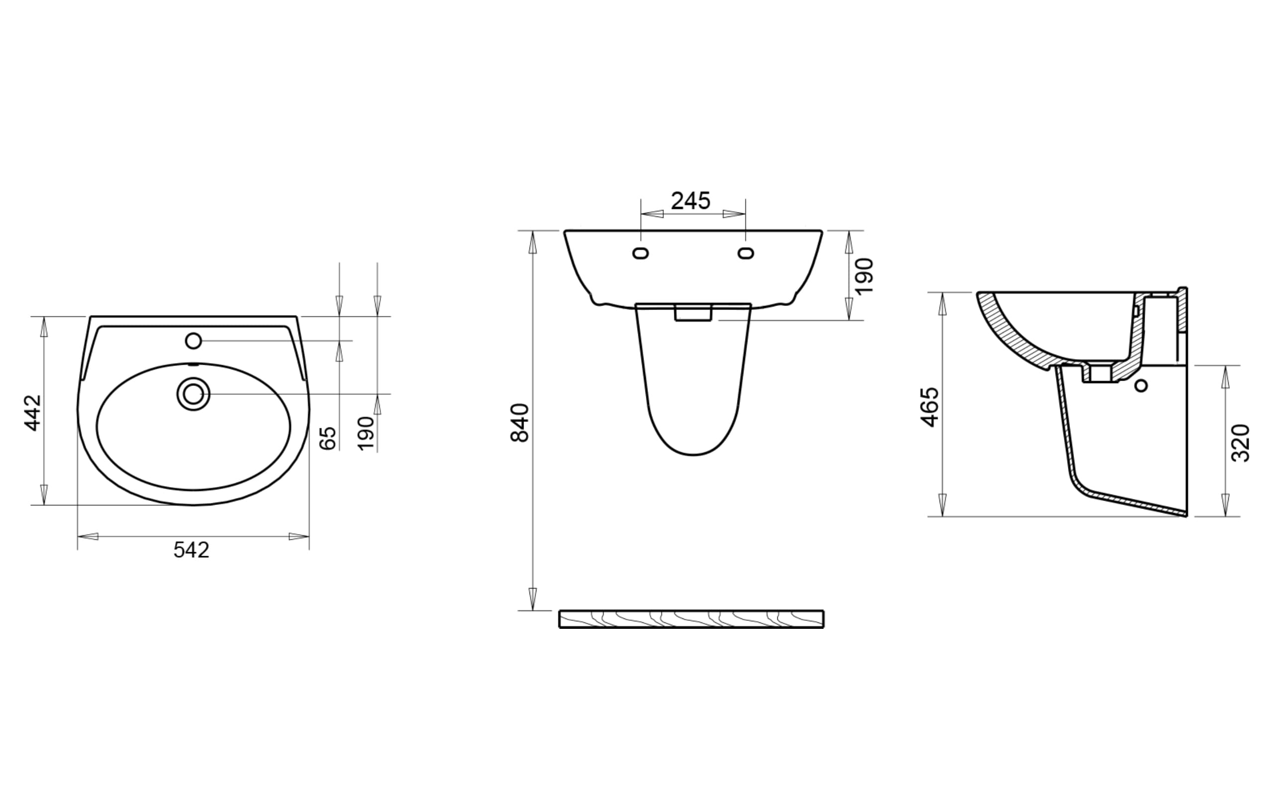Polo Yarım Ayak Lavabo 55 cm - Teknik Çizim