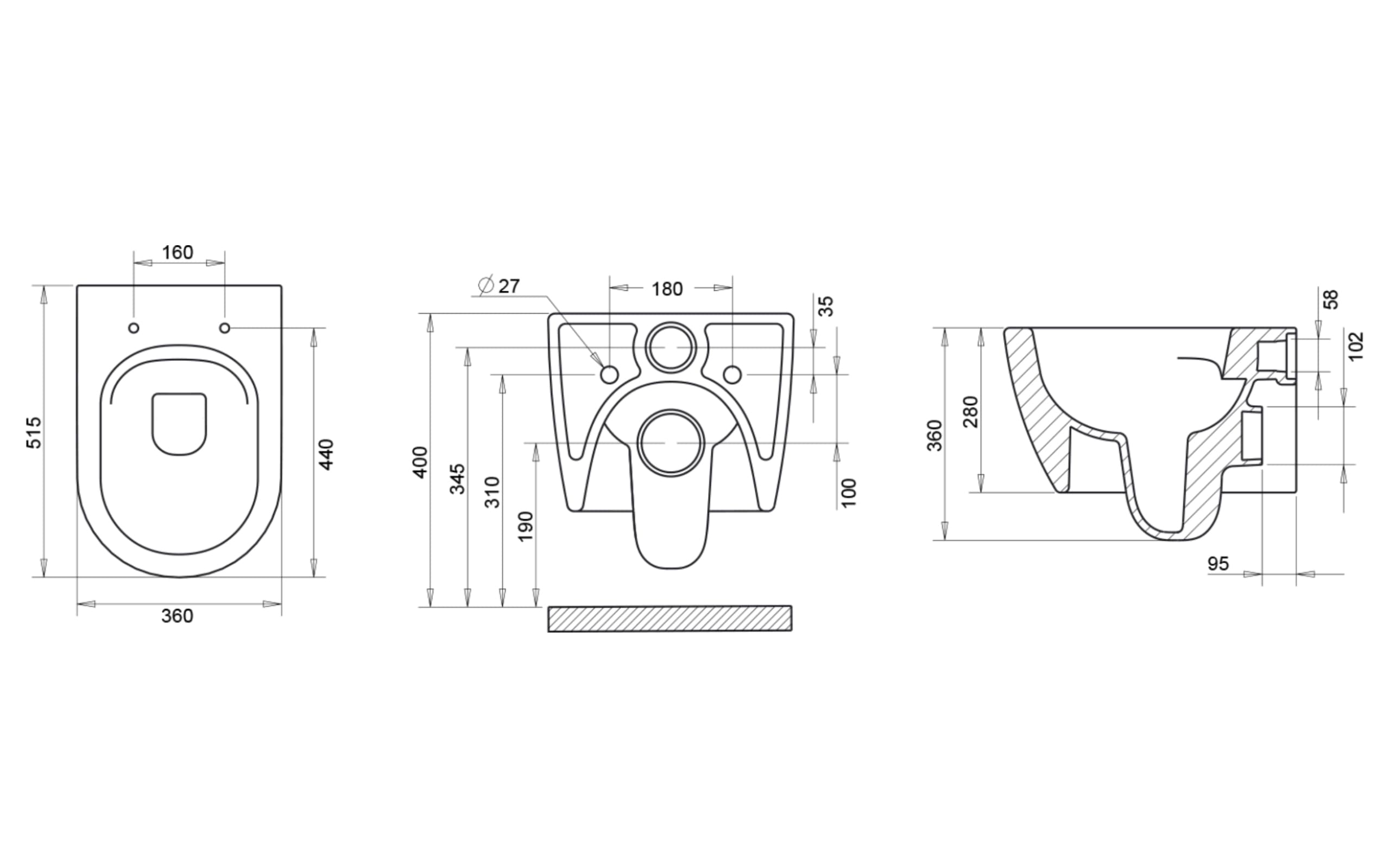 Rondo Rimless Asma Klozet - Teknik Çizim
