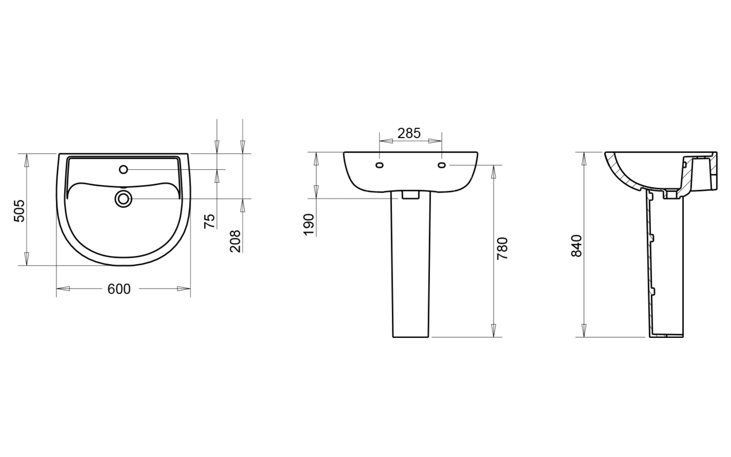 Alize Kolon Ayak Lavabo 60 cm - Teknik Çizim