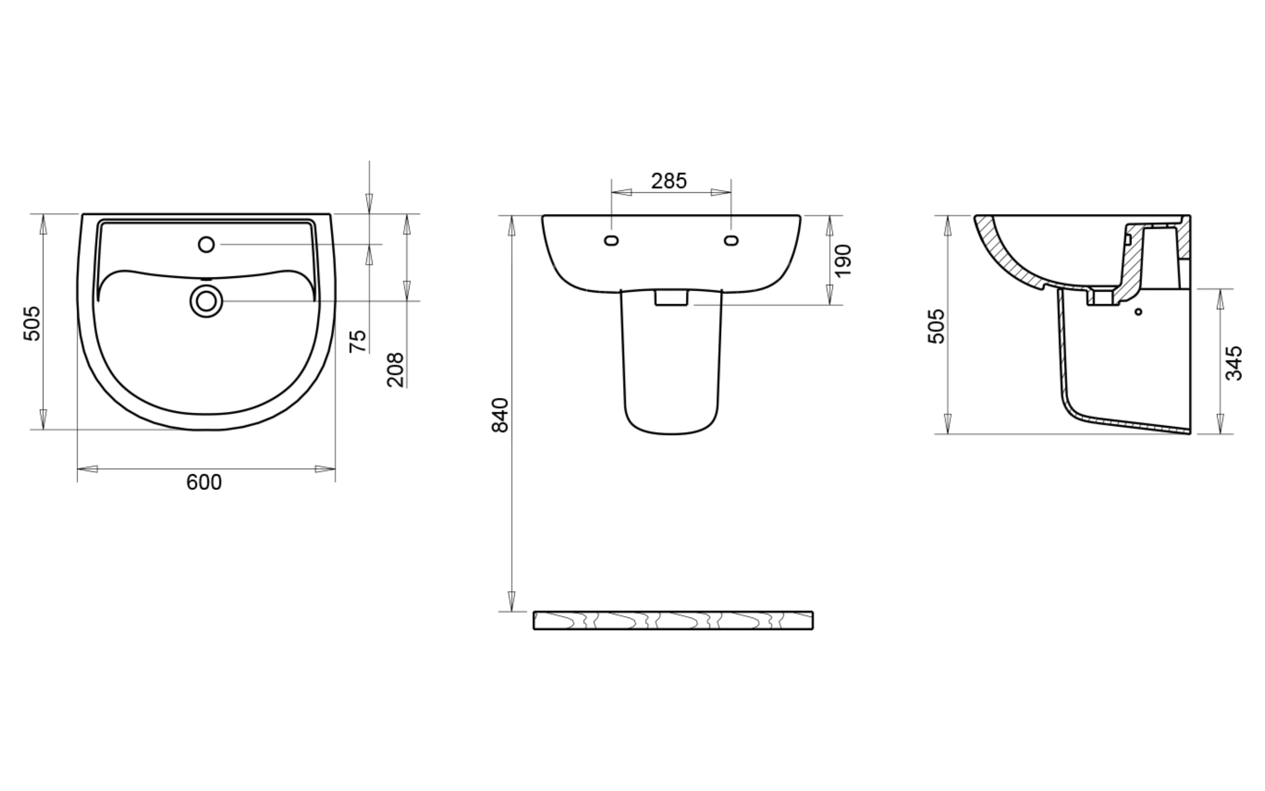 Alize Yarım Ayak Lavabo 60 cm - Teknik Çizim
