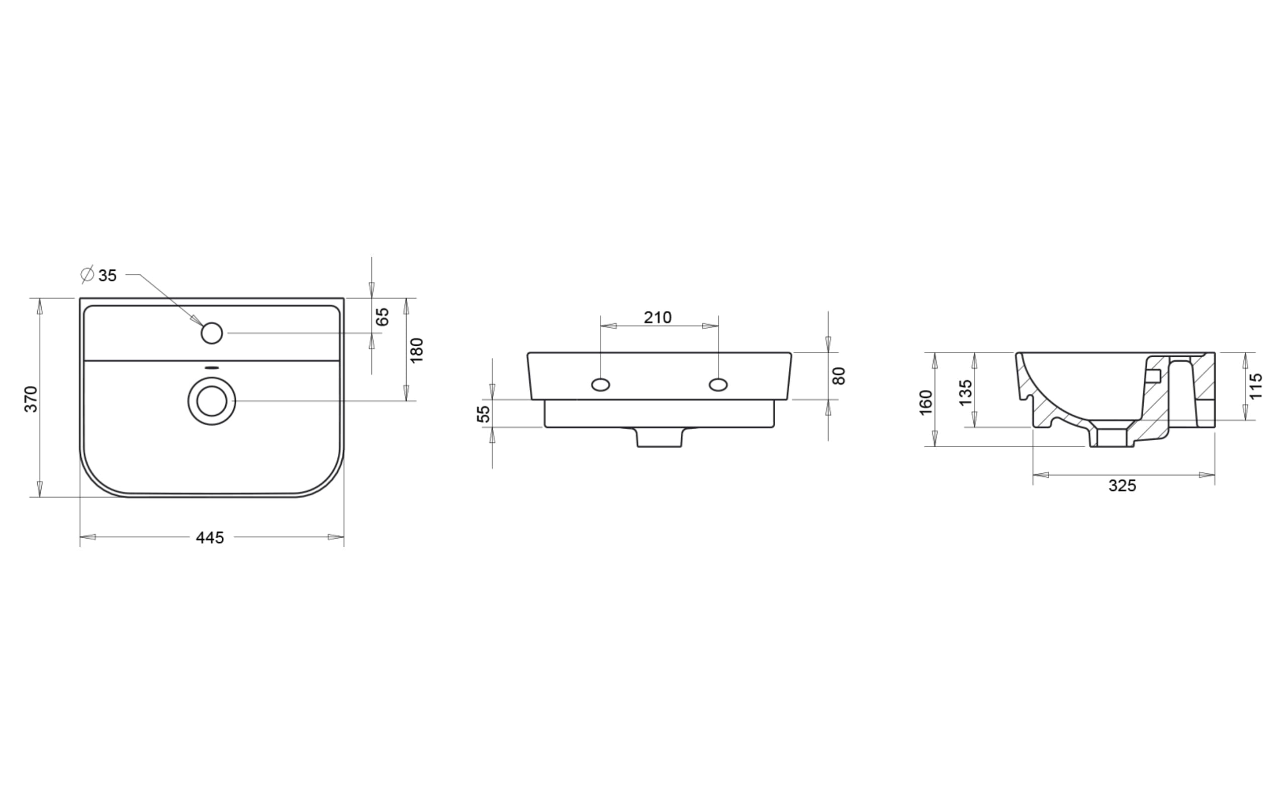 Luna Slim Lavabo 45 cm - Teknik Çizim