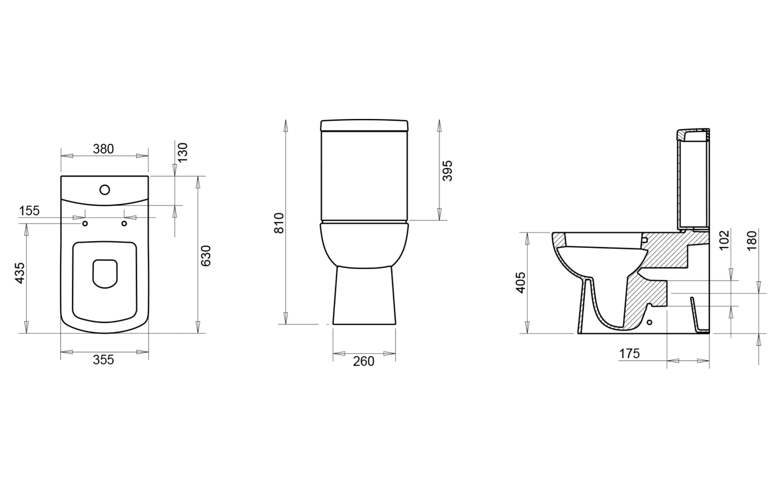 Plaza Duvara Dayalı Klozet + Slim Rezervuar - Teknik Çizim
