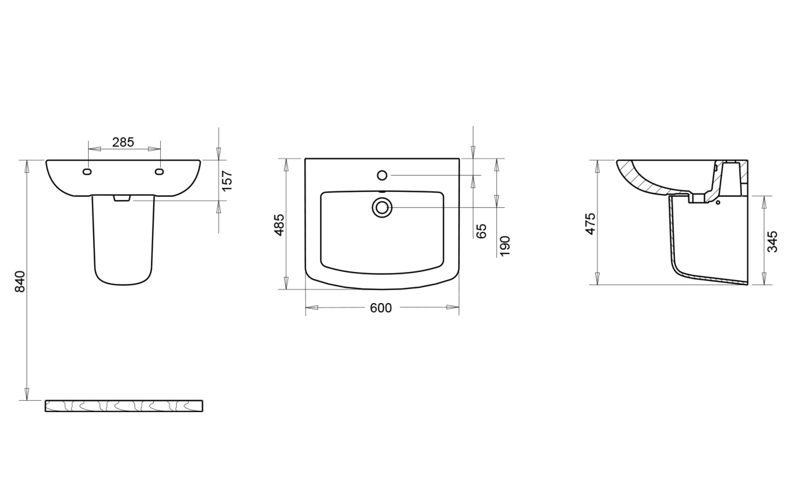 Plaza Yarım Ayak Lavabo 60 cm - Teknik Çizim